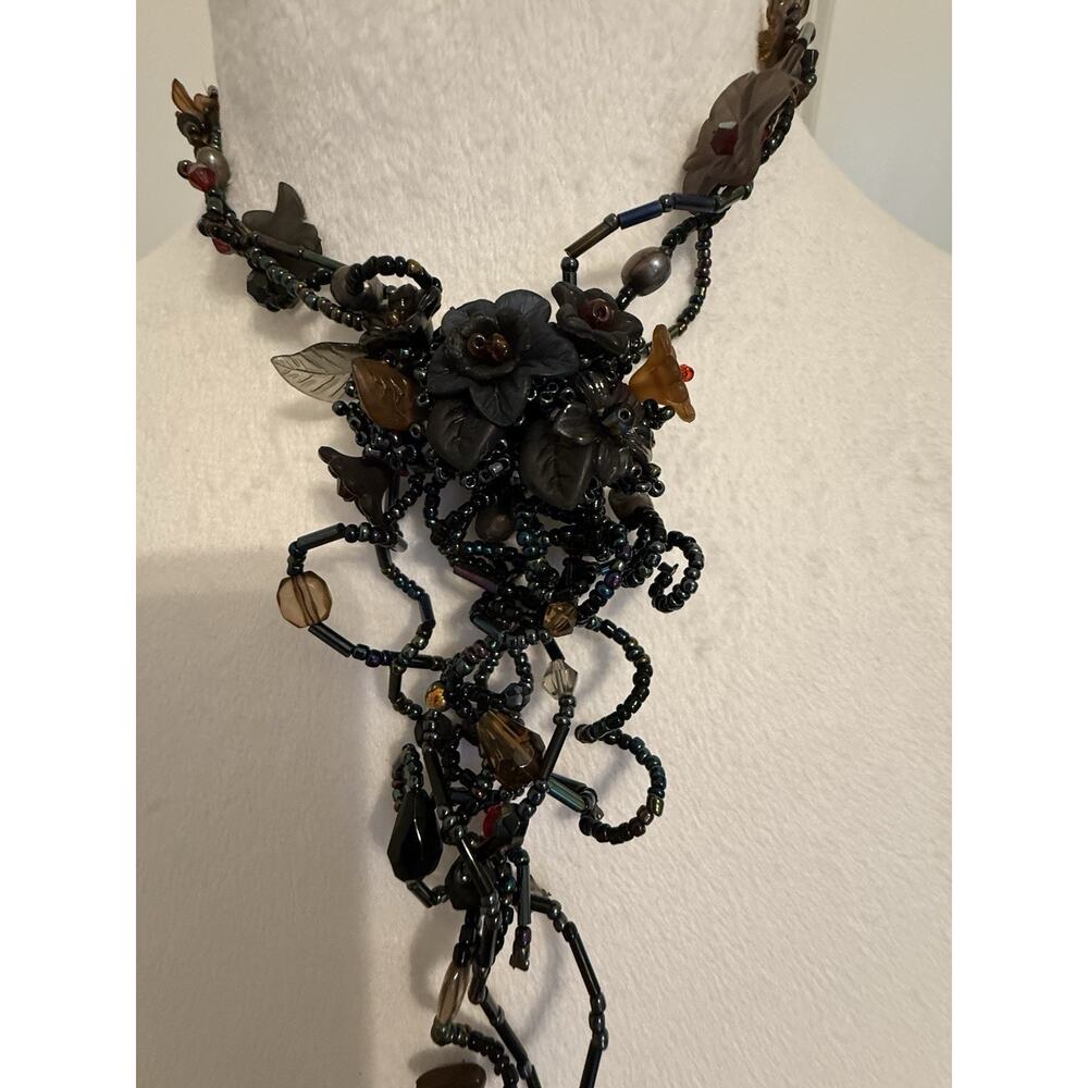 Vintage Artisan Wearable Art Beaded Floral Necklace Gunmetal Boho Gothic - Picture 4 of 8